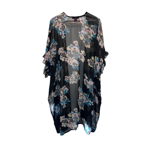 Betsey Johnson Cover Up Womens One Size Black Floral Ruffle Sleeves Open Front - Picture 2 of 13